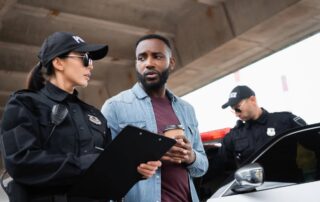 A man is being interviewed by a police officer.