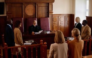 Group of people wearing professional attire in a courtroom.