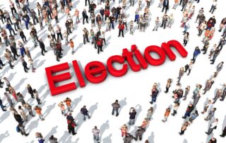 A crowd of people surrounding the word “Election”.