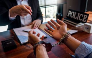 Criminal defence lawyer consulting a handcuffed man inside a police station.