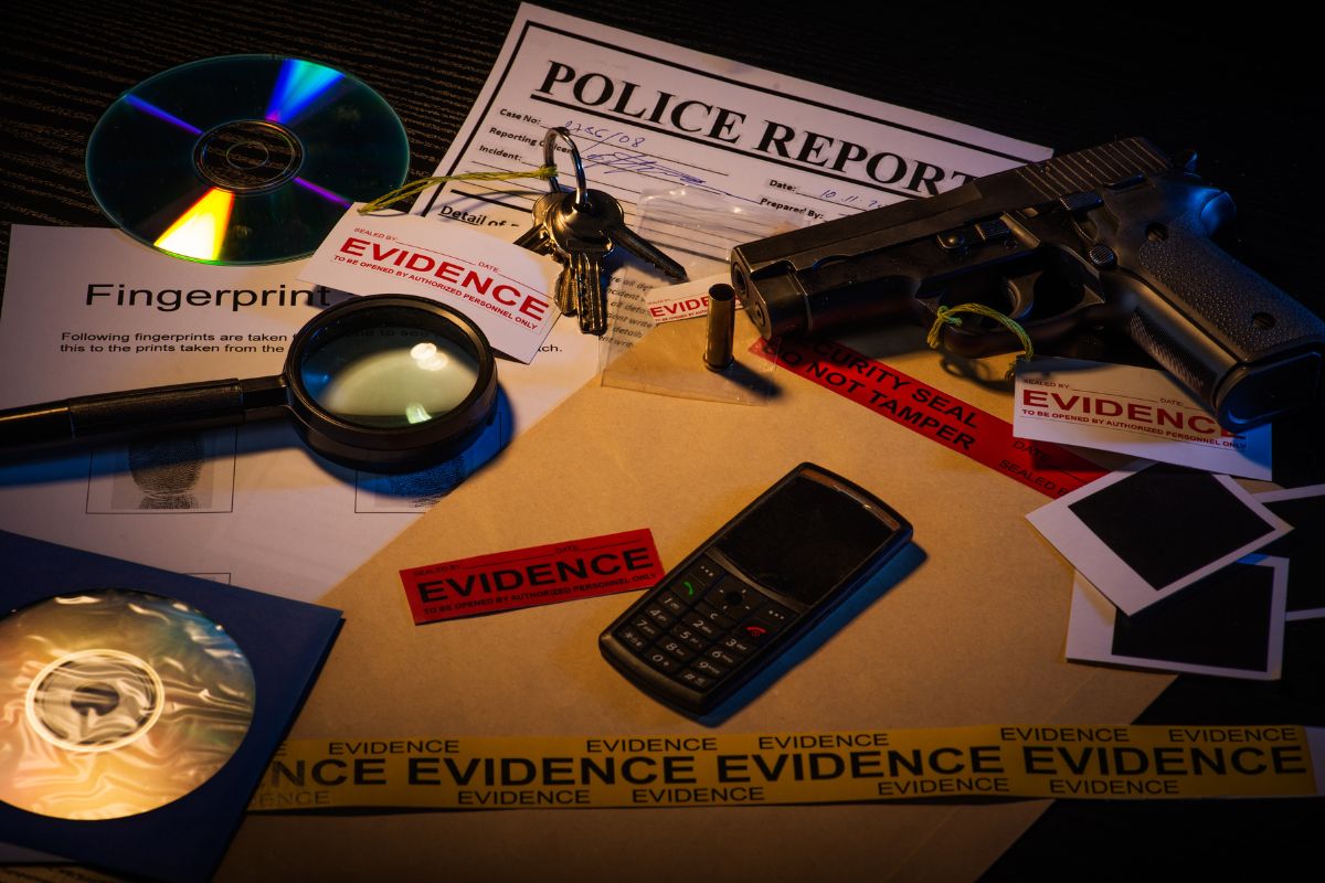 Police evidence including a gun, police report, magnifying glass, keys and evidence labels.