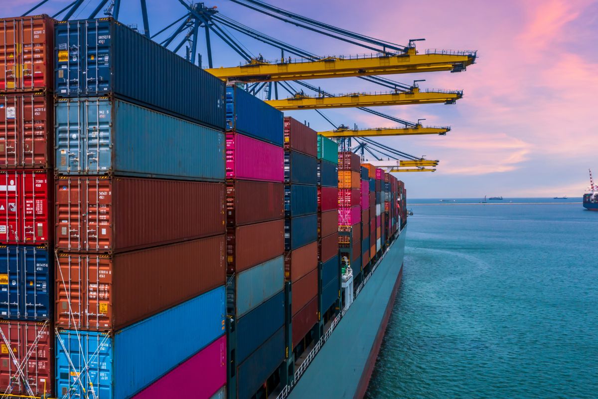 Cargo ship loaded with shipping containers.