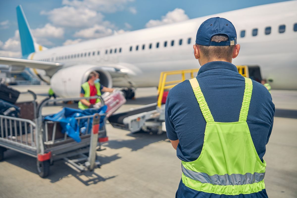 Airport ground crew checking luggage near an airplane.