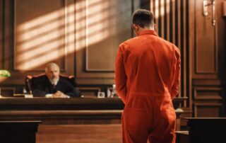 Defendant standing before a judge in a courtroom.