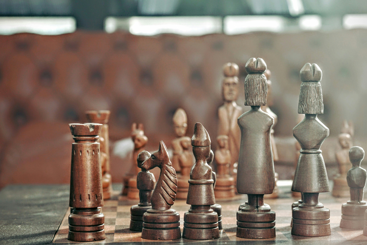 Chess pieces on a board.