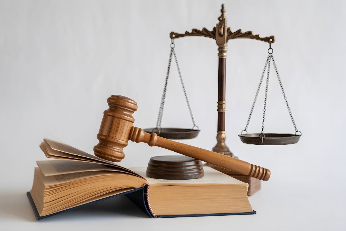 Gavel, law book, and justice scales. Gavel, law book, and justice scales.