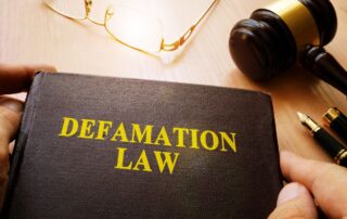 Person holding a book titled "Defamation Law" with a gavel