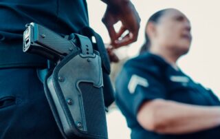 Close-up of a police officer’s holstered firearm.