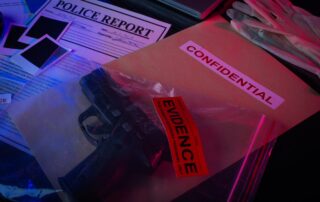 Evidence bag containing a handgun on top of a police report and confidential file.