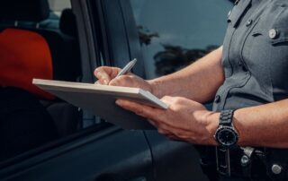 A police officer writing on a notepad beside a vehicle.