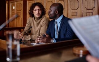 Man speaking with lawyer in courtroom.